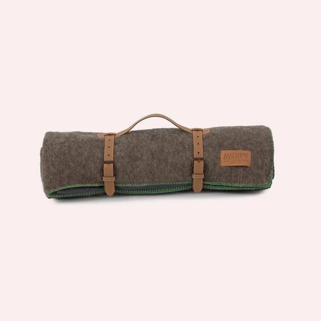 Plaid pique nique Gris Chiné Basilic sangle Camel