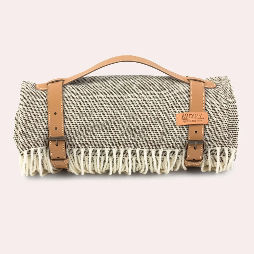 Plaid jeté de canapé en laine sangle cuir camel