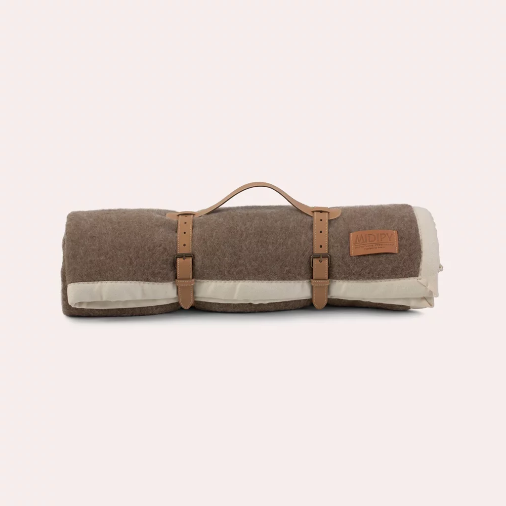 Plaid Ardiden Gris Chiné Ivoire sangle Camel