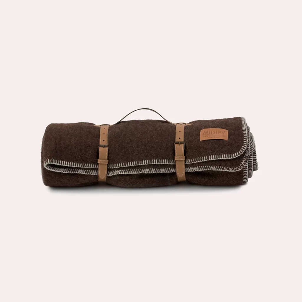 Plaid Madrès Chocolat Ivoire sangle camel