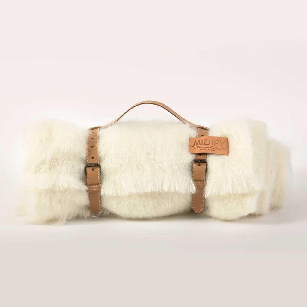 Plaid Mohair Néouvielle blanc sangle camel