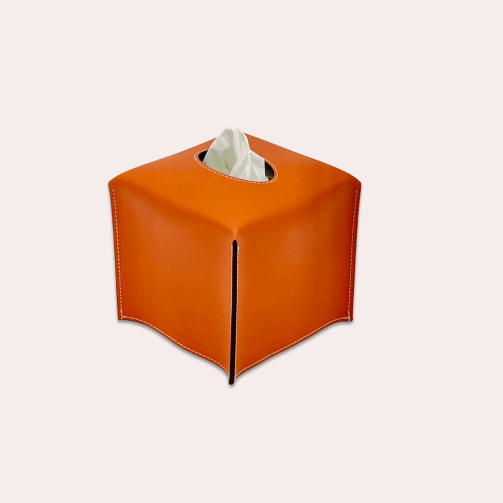Boite à mouchoirs carrée en cuir orange