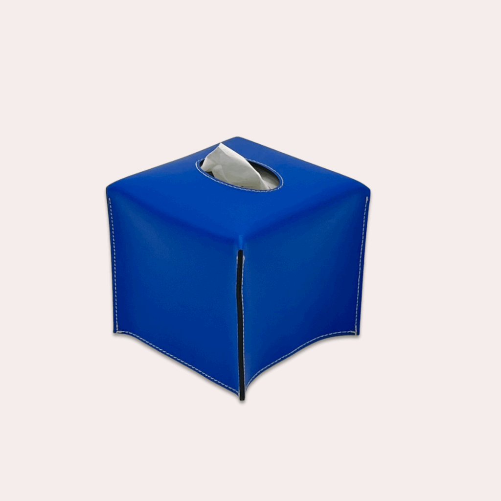 Boite à mouchoirs carrée en cuir bleu