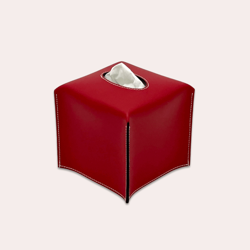 Boite à mouchoirs carrée en cuir rouge