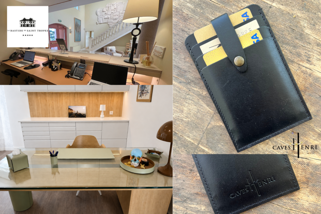 ensemble de bureau en cuir vert amande sur-mesure Midipy, sous-main en cuir pour le desk d'accueil de La Bastide de Saint-Tropez et porte-cartes personnalisé pour grossiste en vins – Midipy